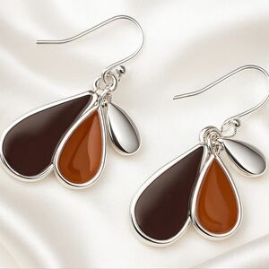 Elegant Triple Teardrop Dangle Earrings – Polished Silver & Brown Enamel, 1.5”